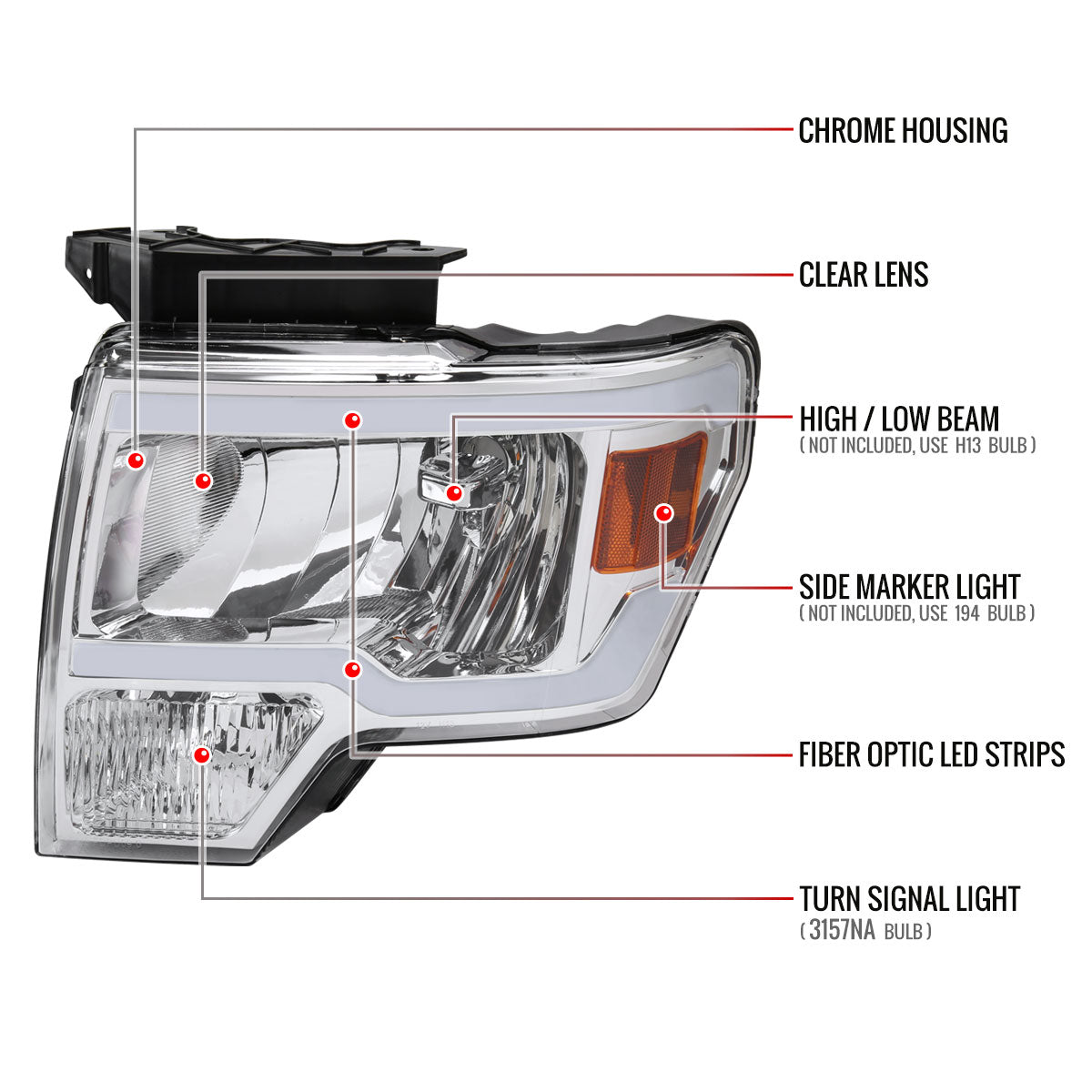 2009-2014 Ford F-150 LED Tube Factory Style Headlights (Chrome Housing/Clear Lens)