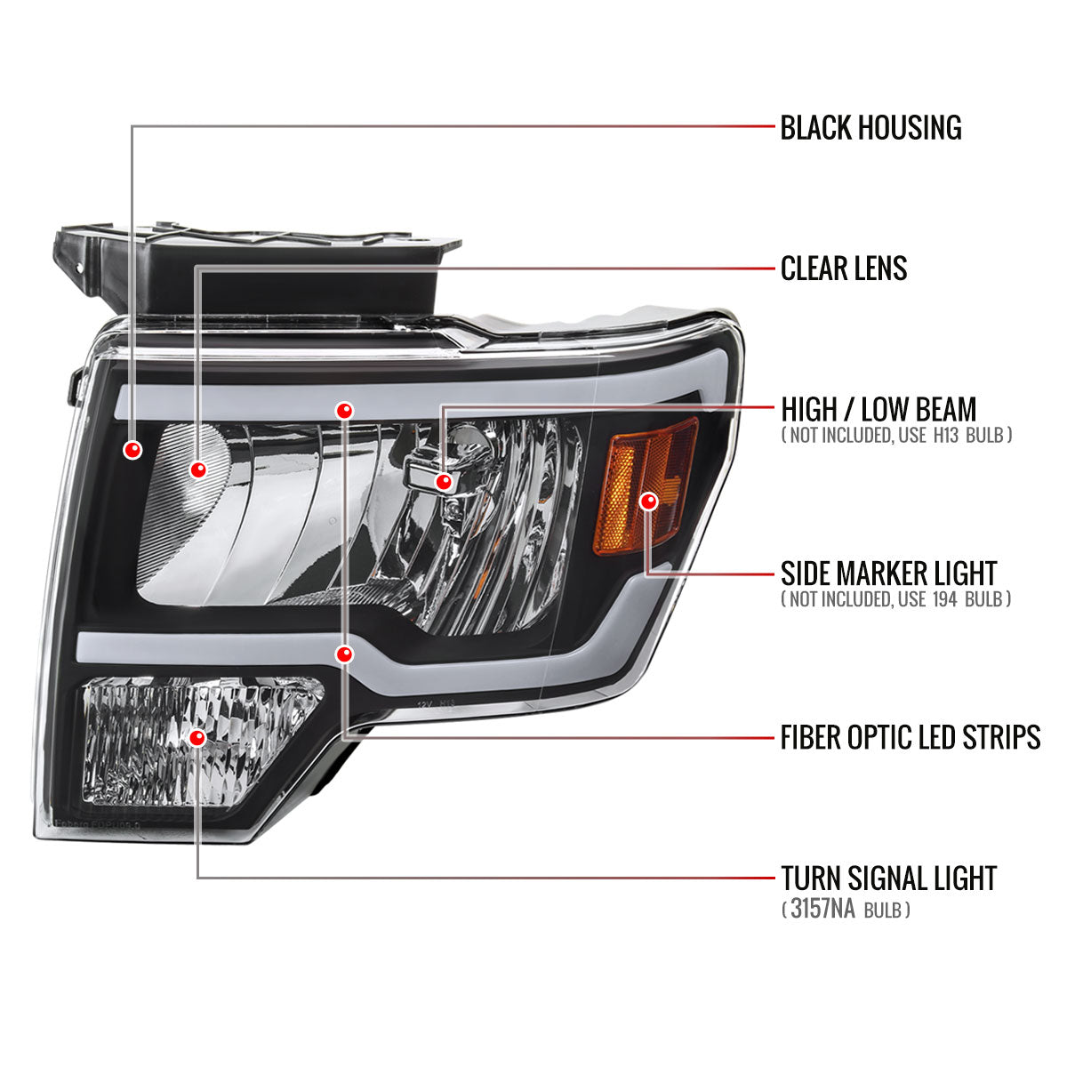 2009-2014 Ford F-150 LED Tube Factory Style Headlights (Matte Black Housing/Clear Lens)