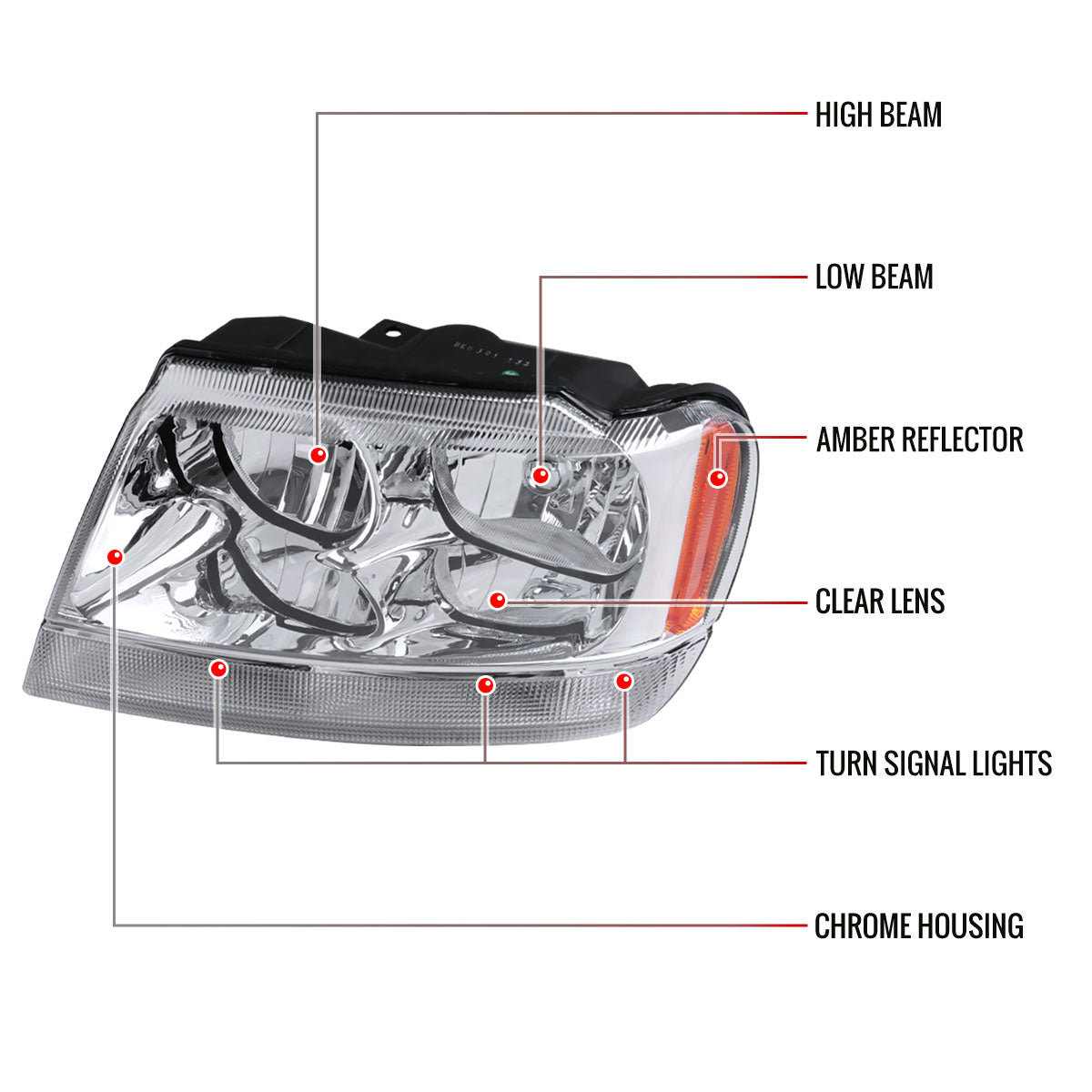 1999-2004 Jeep Grand Cherokee Factory Style Crystal Headlights w/ Amber Reflectors (Chrome Housing/Clear Lens)