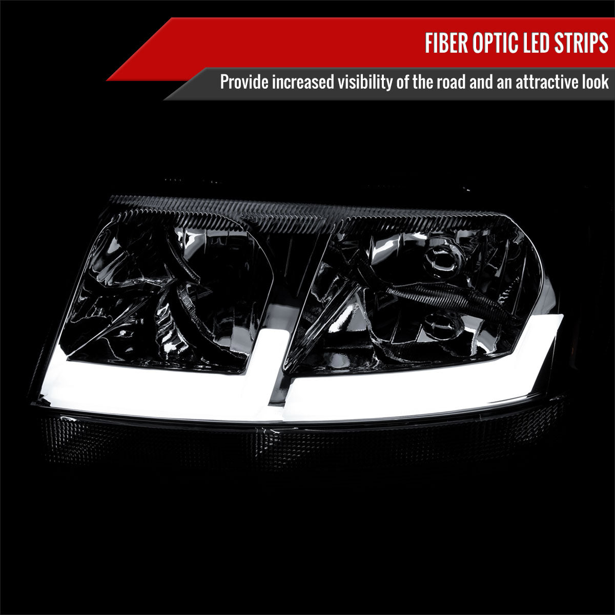 1999-2004 Jeep Grand Cherokee Factory Style Dual LED Bar Headlights (Chrome Housing/Clear Lens)