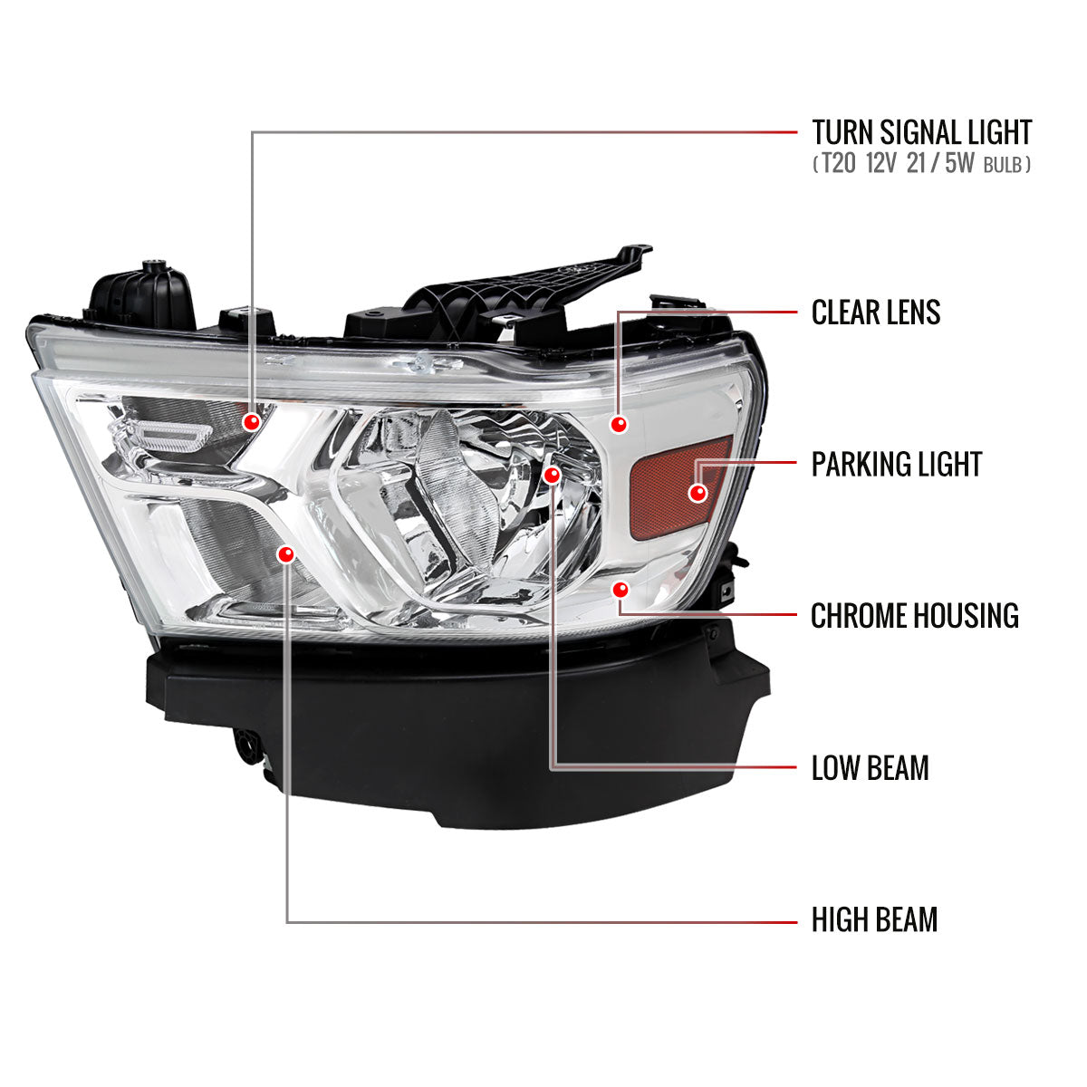 2019-2024 Dodge Ram 1500 Factory Style Crystal Headlight - Driver Side Only (Chrome Housing / Clear Lens)
