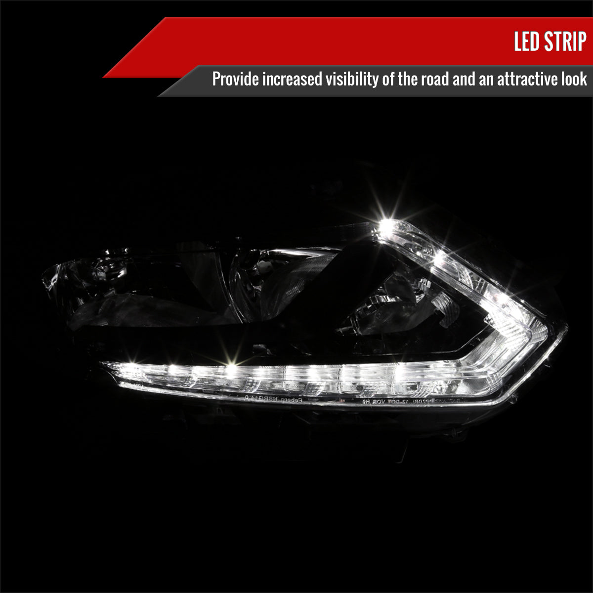 2014-2016 Nissan Rogue LED Strip Factory Style Passenger/Right Side Headlight (Matte Black Housing/Clear Lens)