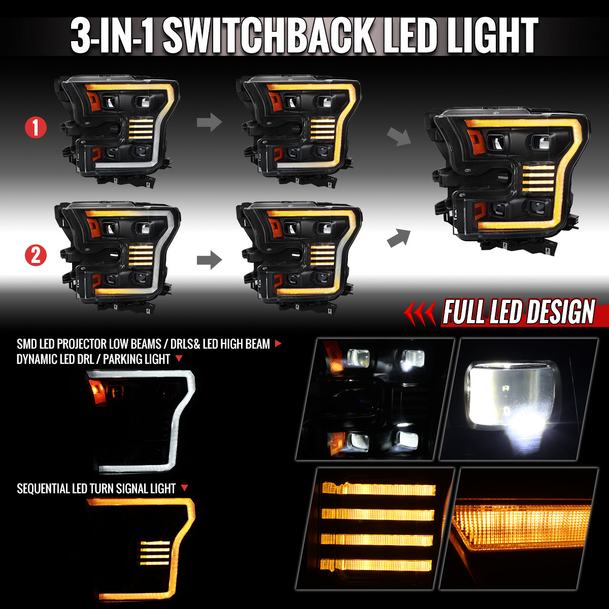 2015-2017 Ford F-150 LED Projector Headlights w/ Switchback LED Sequential Turn Signals DRL Parking Light Strip (Black Housing / Clear Lens)