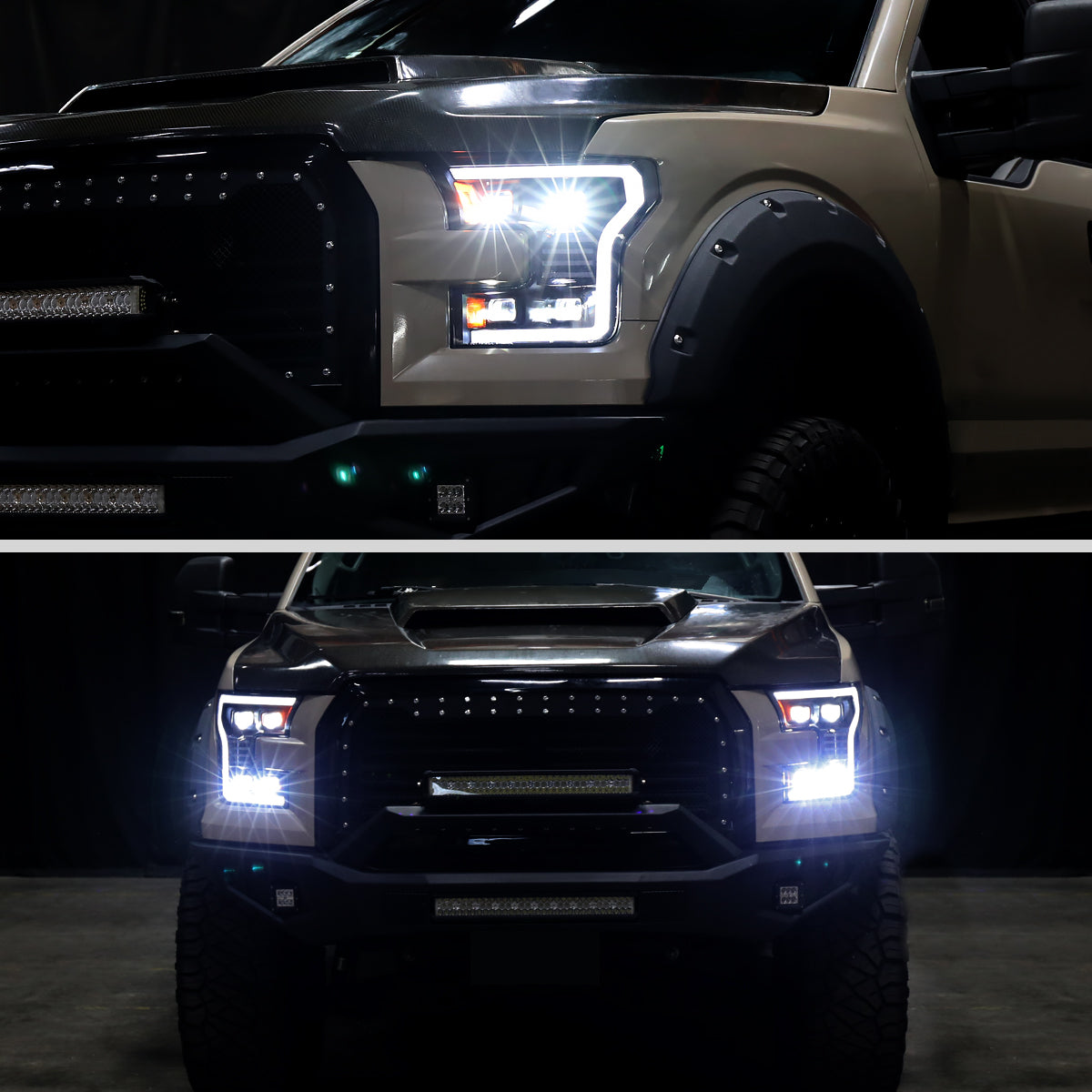 2015-2017 Ford F-150 LED Projector Headlights w/ Switchback LED Sequential Turn Signals DRL Parking Light Strip (Black Housing / Clear Lens)