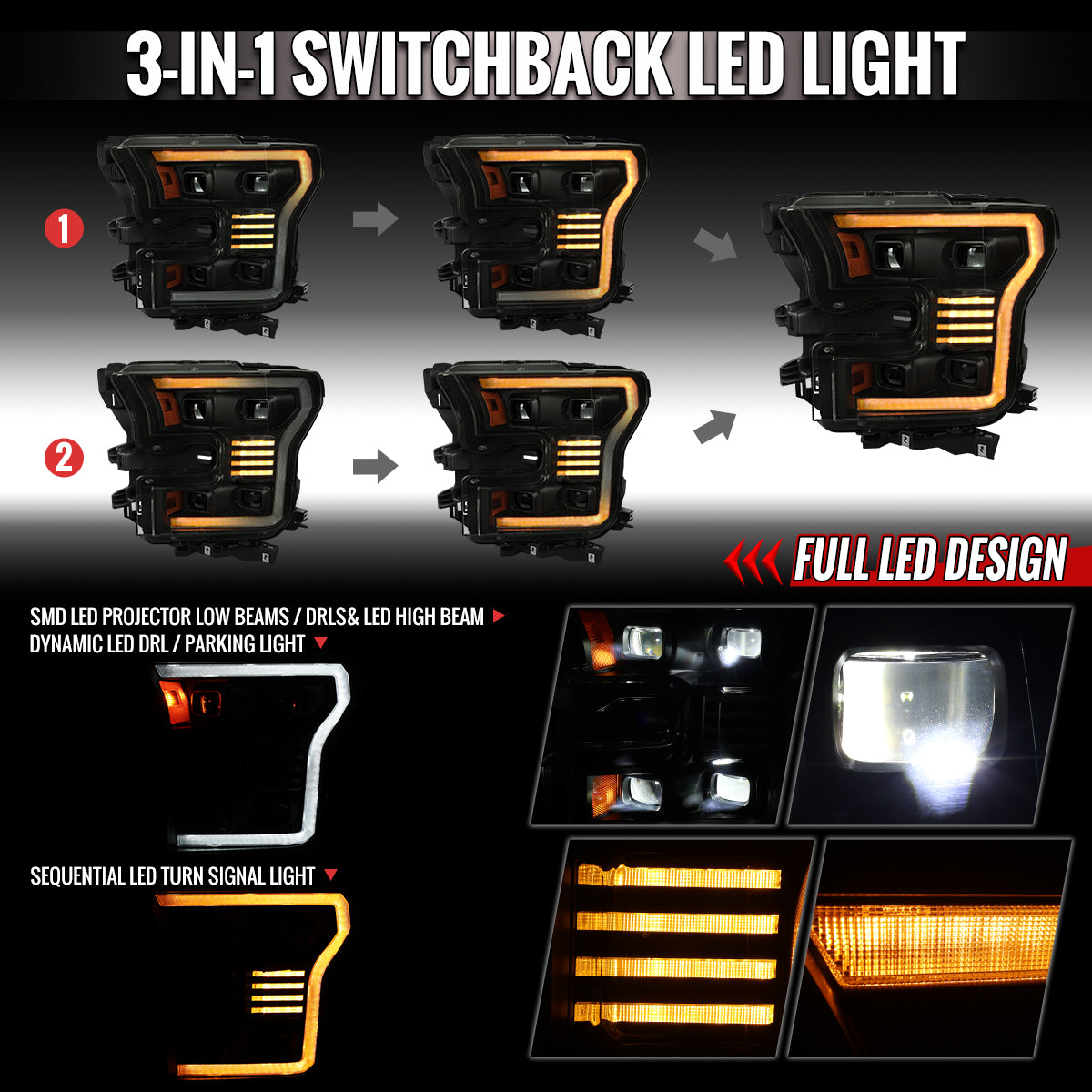2015-2017 Ford F-150 LED Projector Headlights w/ Switchback LED Sequential Turn Signals DRL Parking Light Strip (Black Housing / Smoked Lens)