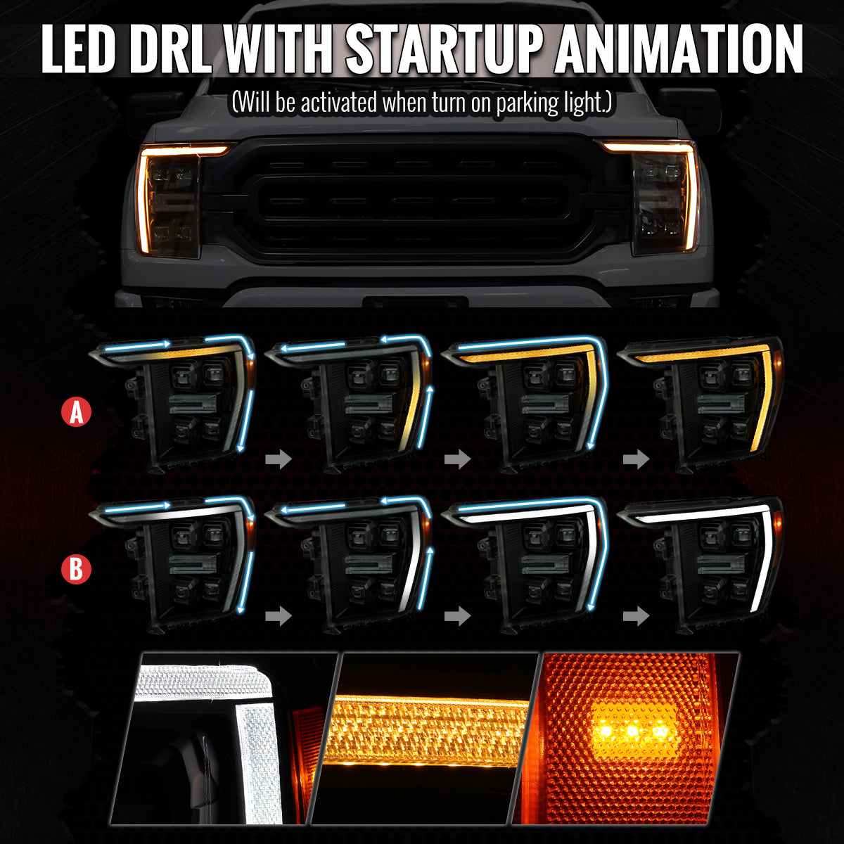 2021-2023 Ford F-150 Full LED Projector Headlights w/ Switchback LED Sequential Turn Signals DRL Parking Light Strip (Black Housing / Smoked Lens)  - Fits Models w/ Factory LED Headlights