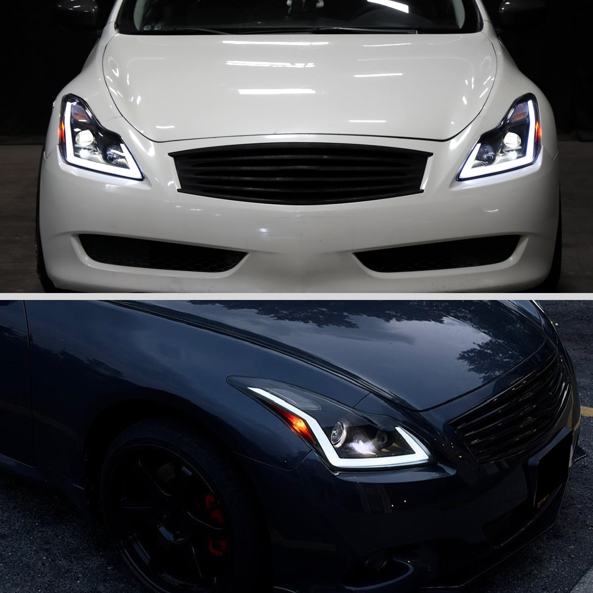 2008-2013 Infiniti G37/2014-2015 Q60 Coupe/Convertible Sequential Switchback LED Turn Signal Full LED Projector Headlights (Matte Black Housing / Clear Lens)
