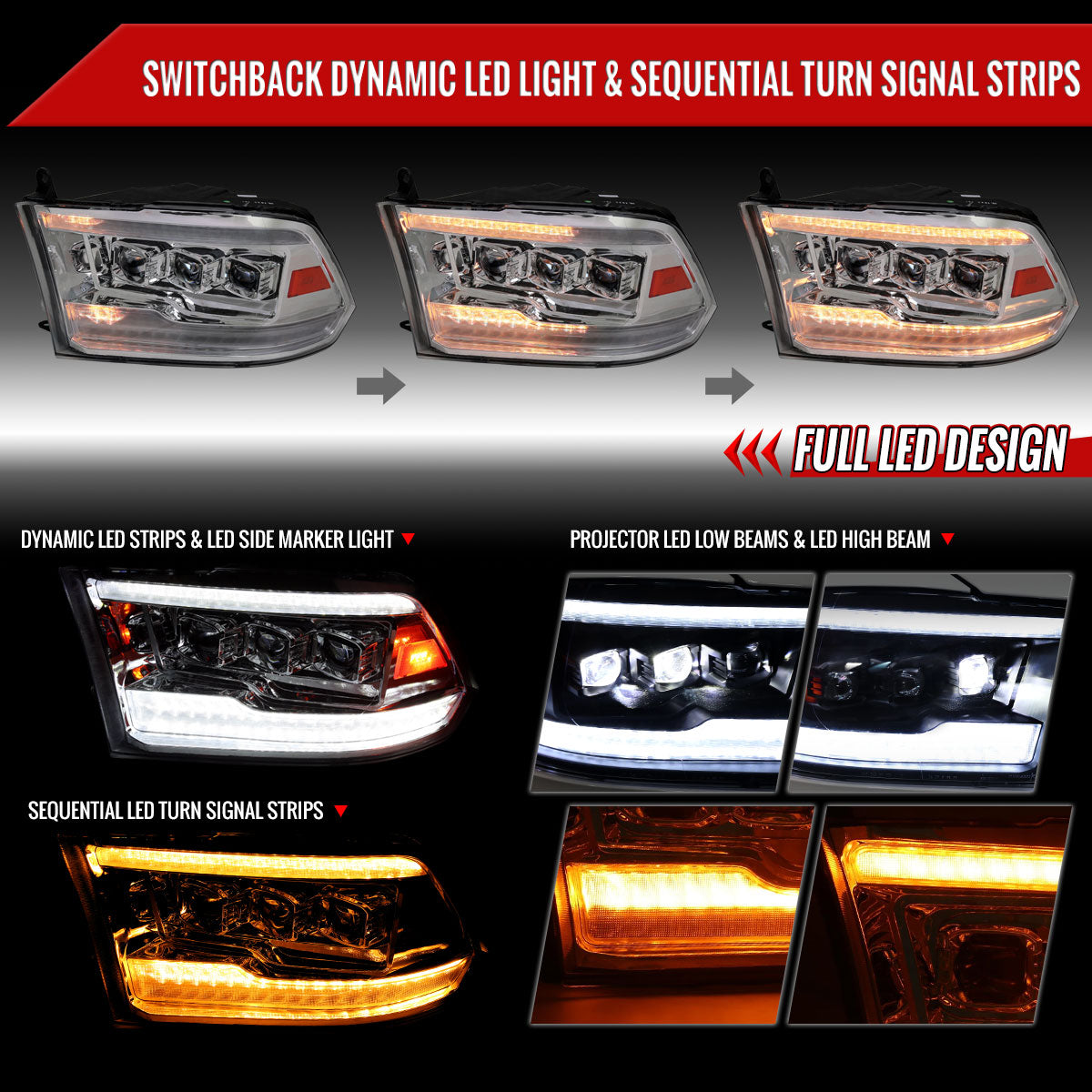 2009-2018 Dodge RAM 1500 / 2019 RAM Classic / 2010-2018 RAM 2500 3500 Switchback Sequential Full LED Projector Headlights (Chrome Housing/Clear Lens)