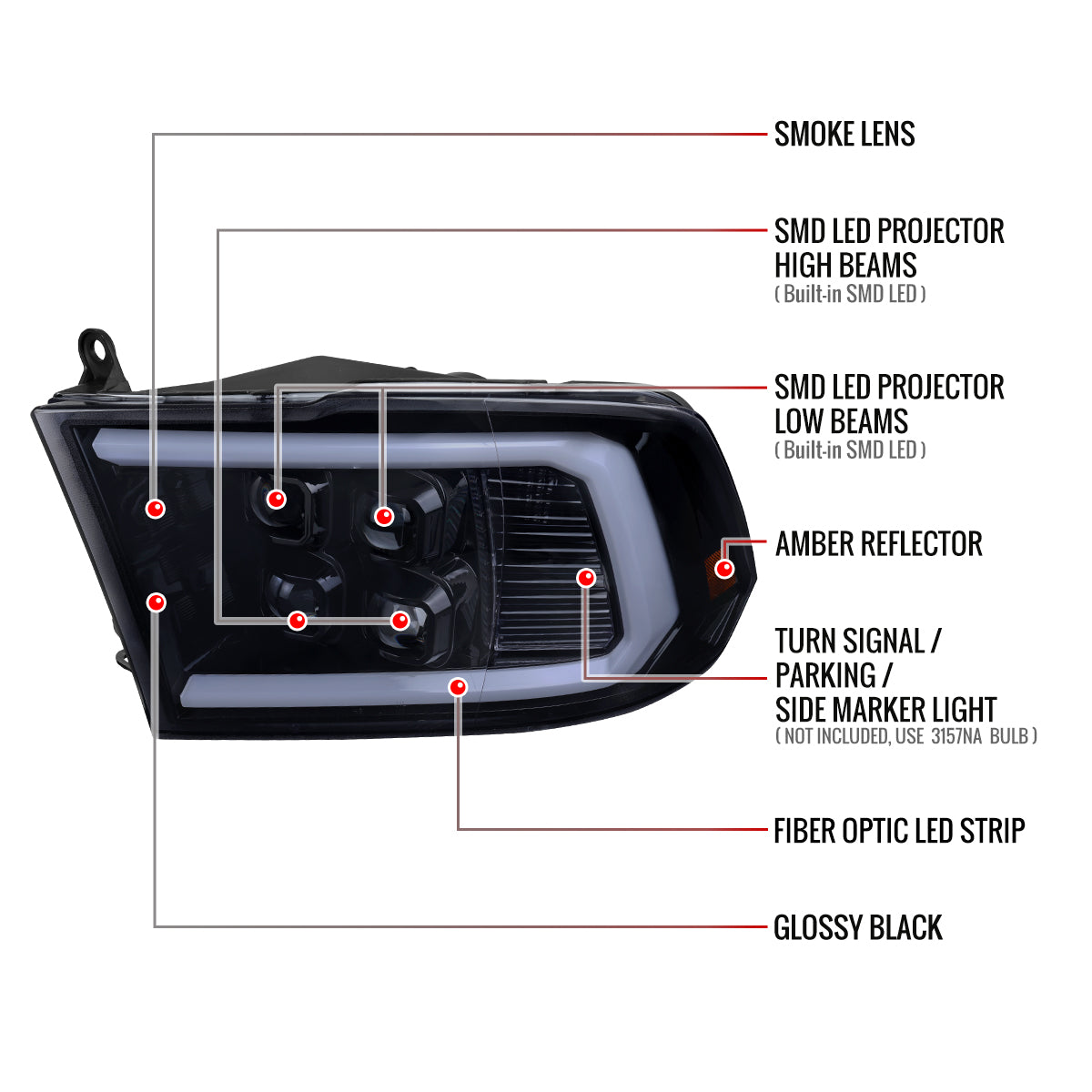 2009-2018 Dodge RAM 1500 / 2019 RAM Classic / 2010-2018 RAM 2500 3500 LED Bar Sequential Turn Signal Projector Headlights (Glossy Black Housing / Smoked Lens)