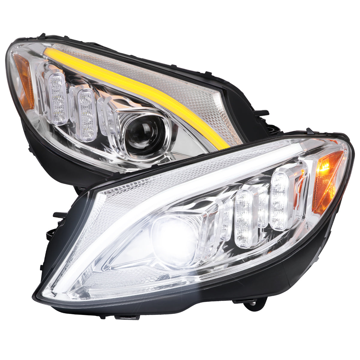 2015-2018 Mercedes-Benz C-Class W205 Full LED Projector Headlights with Sequential Turn Signal (Chrome Housing/Clear Lens)