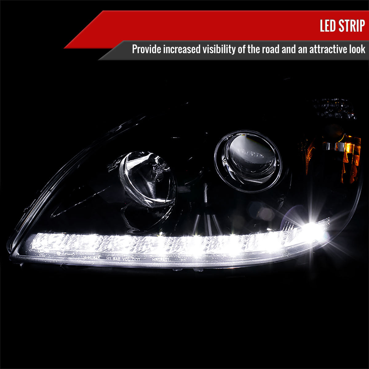 1998-2001 Mercedes Benz W163 ML Class Projector Headlights w/ SMD LED Light Strip (Glossy Black Housing/Smoked Lens)