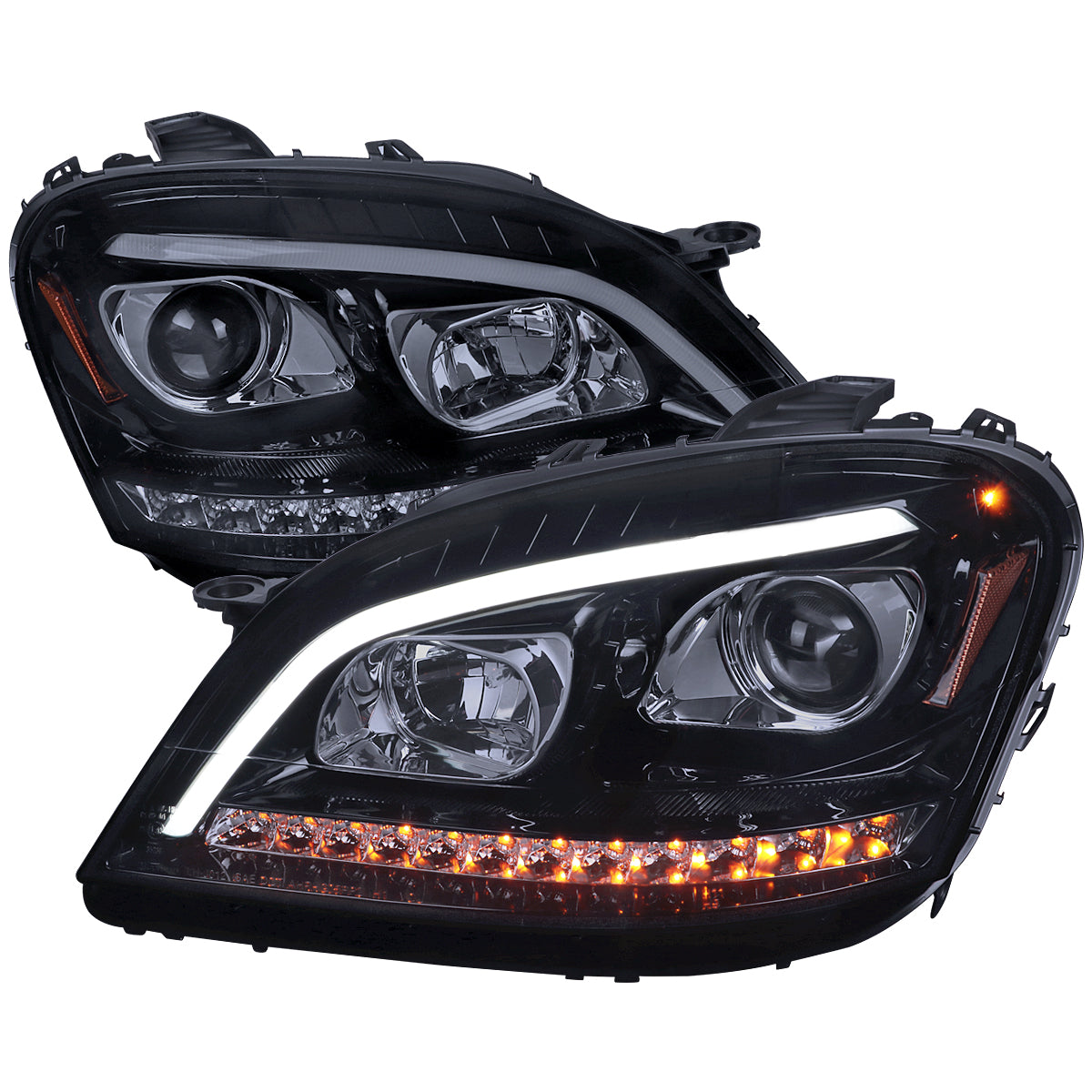 2006-2008 Mercedes Benz W164 ML Class LED Bar Projector Headlights w/ Sequential Turn Signal Lights (Glossy Black Housing/Smoked Lens)