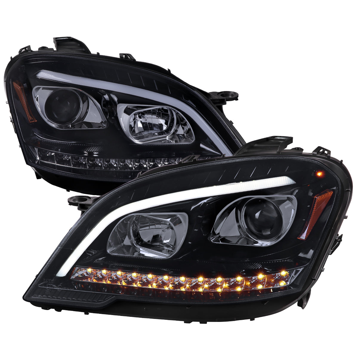 2009-2011 Mercedes Benz W164 ML-Class LED Sequetial Turn Signal Projector Headlights (Glossy Black Housing/Smoked Lens)