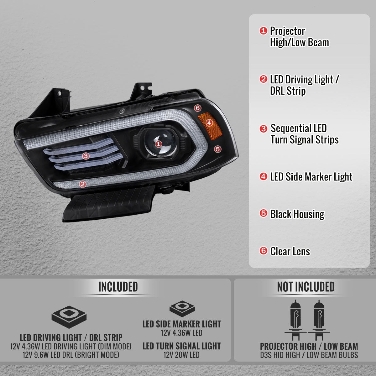 2011-2014 Dodge Charger HID Projector Headlights w/ LED DRL Light Strip Sequential Turn Signal and Side Marker  (Black Housing / Clear Lens)