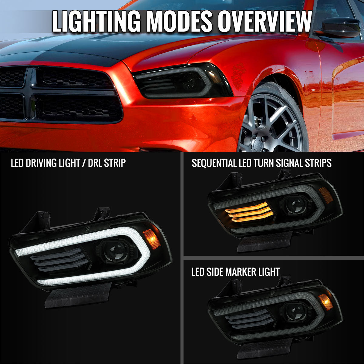 2011-2014 Dodge Charger HID Projector Headlights w/ LED DRL Light Strip Sequential Turn Signal and Side Marker  (Black Housing / Smoked Lens)