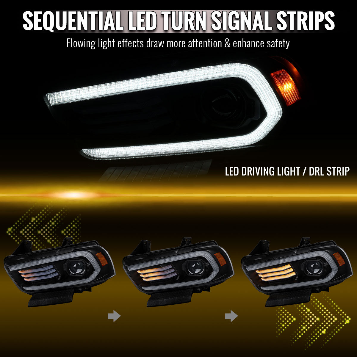 2011-2014 Dodge Charger Projector Headlights w/ LED DRL Light Strip Sequential Turn Signal and Side Marker  (Black Housing / Clear Lens)