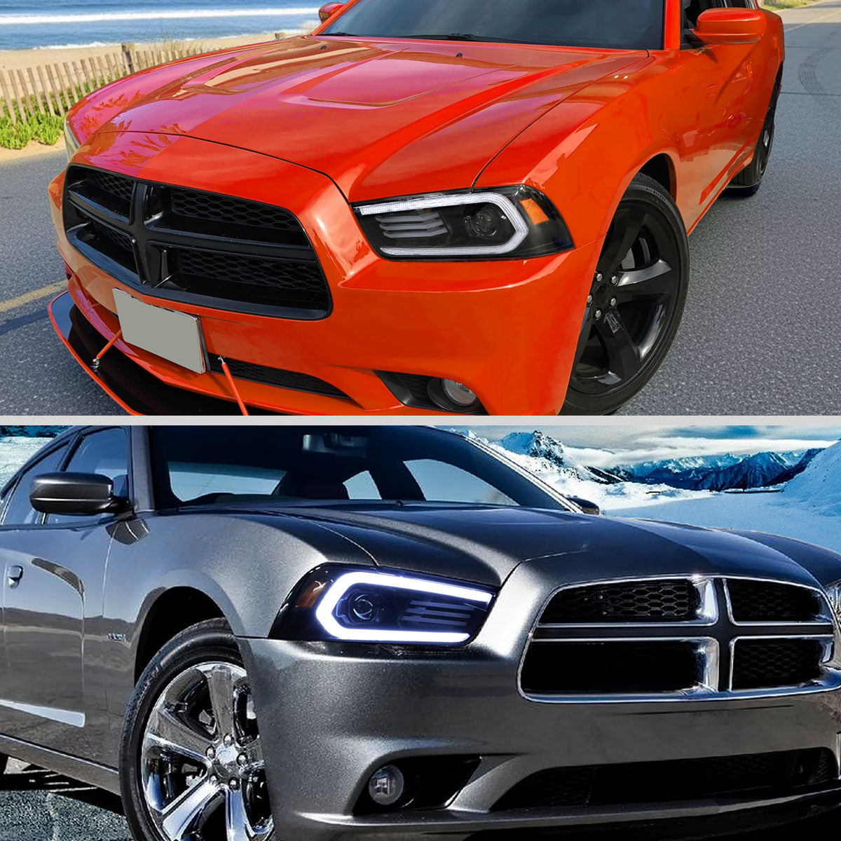 2011-2014 Dodge Charger Projector Headlights w/ LED DRL Light Strip Sequential Turn Signal and Side Marker  (Black Housing / Clear Lens)