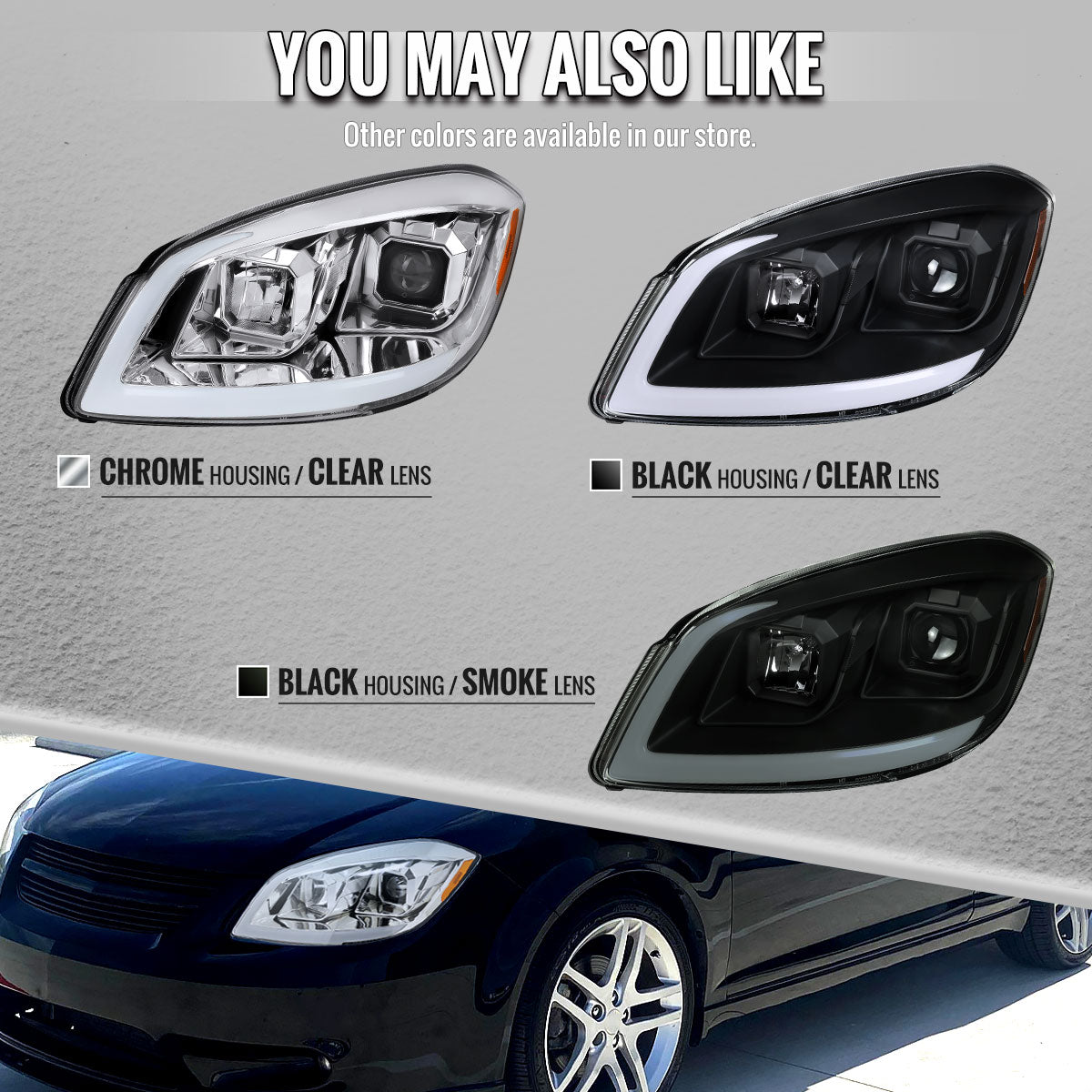 2005â€“2010 Chevrolet Cobalt Pontiac G5/Pursuit LED Bar Projector Headlights w/ LED DRL Light Tube (Matte Black Housing / Clear Lens)