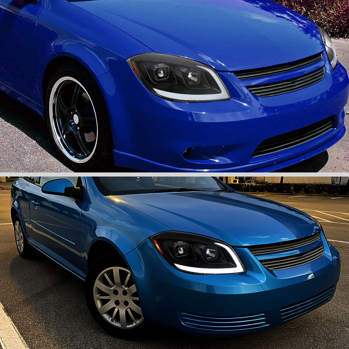 2005â€“2010 Chevrolet Cobalt Pontiac G5/Pursuit LED Bar Projector Headlights w/ LED DRL Light Tube (Matte Black Housing / Clear Lens)