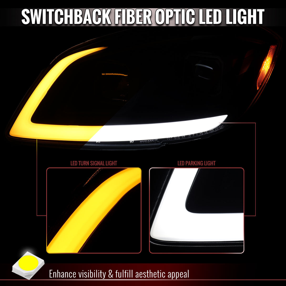 2005â€“2010 Chevrolet Cobalt Pontiac G5/Pursuit Projector Headlights w/ Switchback LED Turn Signal DRL Light Strip (Black Housing / Smoked Lens)