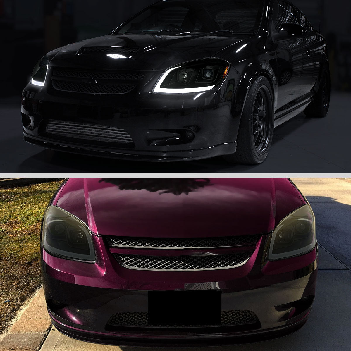 2005â€“2010 Chevrolet Cobalt Pontiac G5/Pursuit Projector Headlights w/ Switchback LED Turn Signal DRL Light Strip (Black Housing / Smoked Lens)