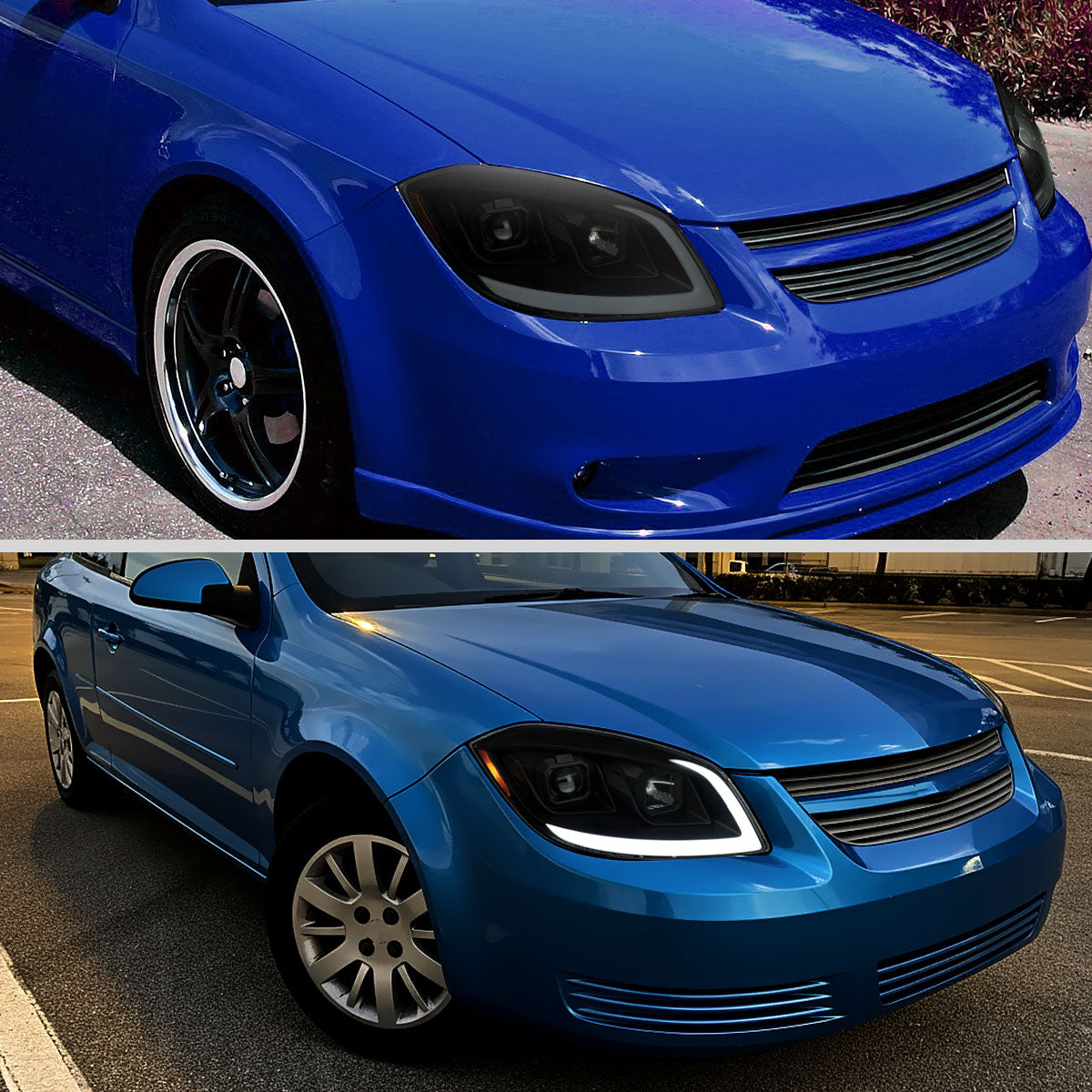2005â€“2010 Chevrolet Cobalt Pontiac G5/Pursuit Projector Headlights w/ Switchback LED Turn Signal DRL Light Strip (Black Housing / Smoked Lens)