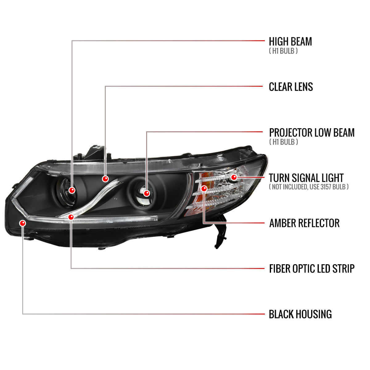 2006-2011 Honda Civic Coupe Projector Headlights w/ LED Light Strips (Matte Black Housing/Clear Lens)