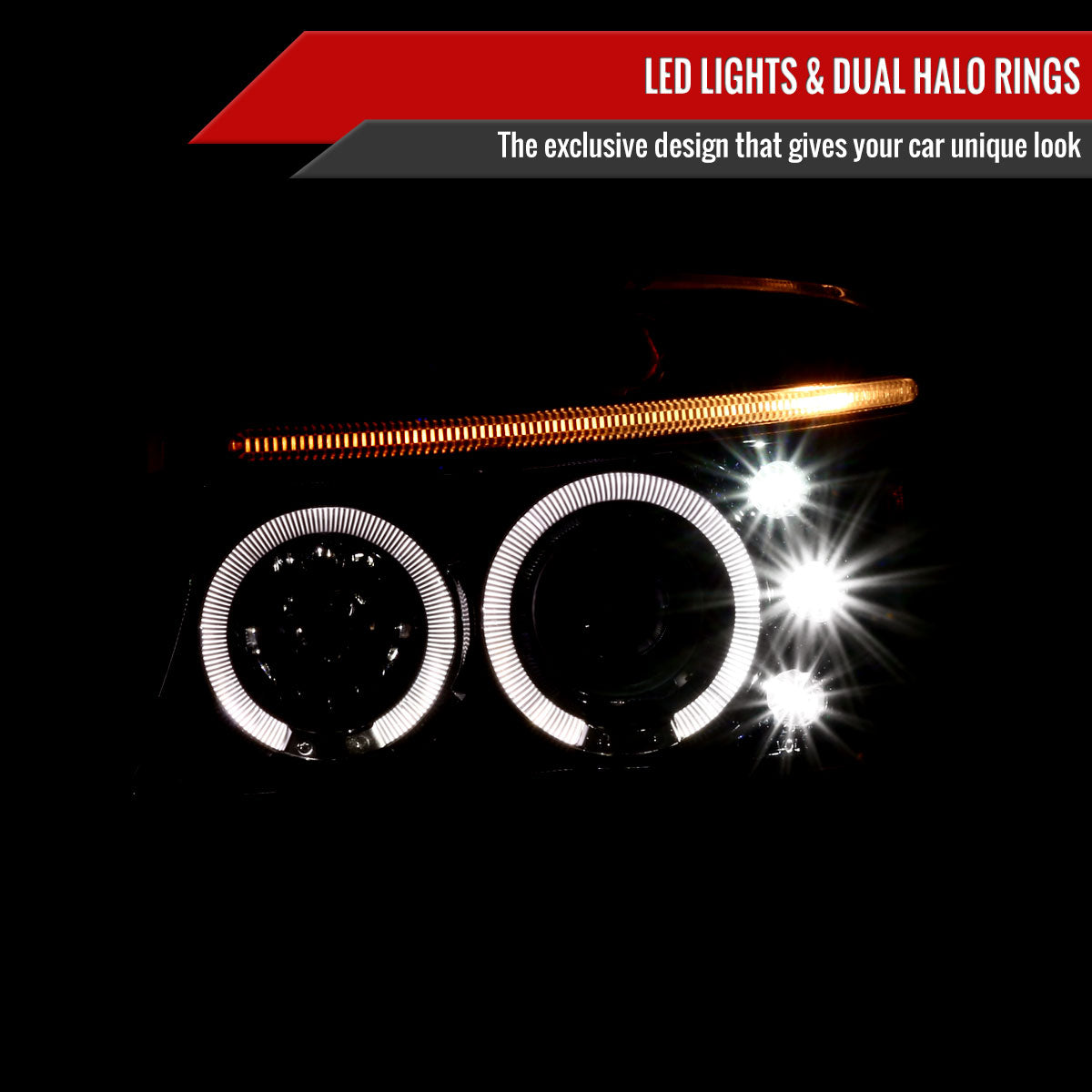 1997-2004 Dodge Dakota/ 1998-2003 Durango Dual Halo Projector Headlights (Jet Black Housing/Clear Lens)