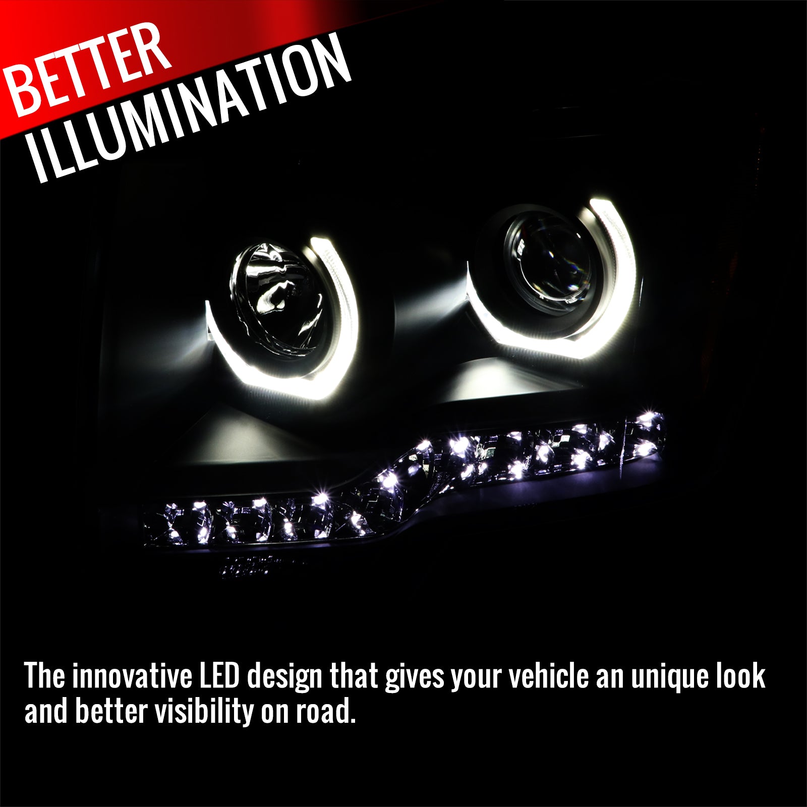 2009-2014 Ford F-150 Dual U-Ring Halo Projector Headlights w/ LED Light Strip (Matte Black Housing/Clear Lens)