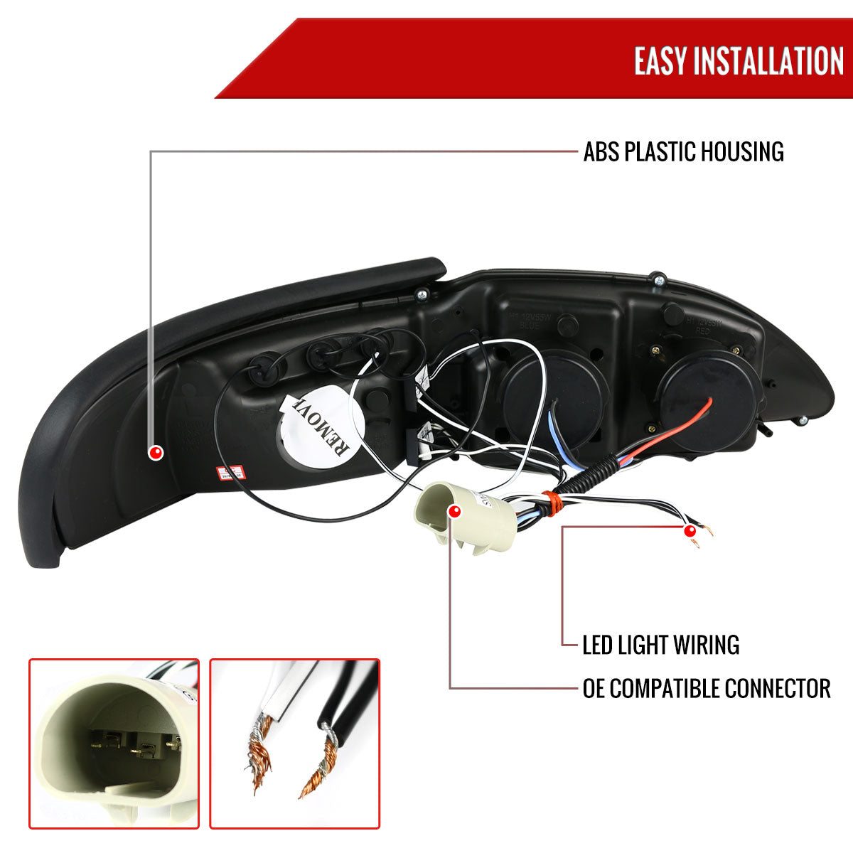 1994-1998 Ford Mustang Dual Halo Projector Headlights (Glossy Black Housing/Smoked Lens)