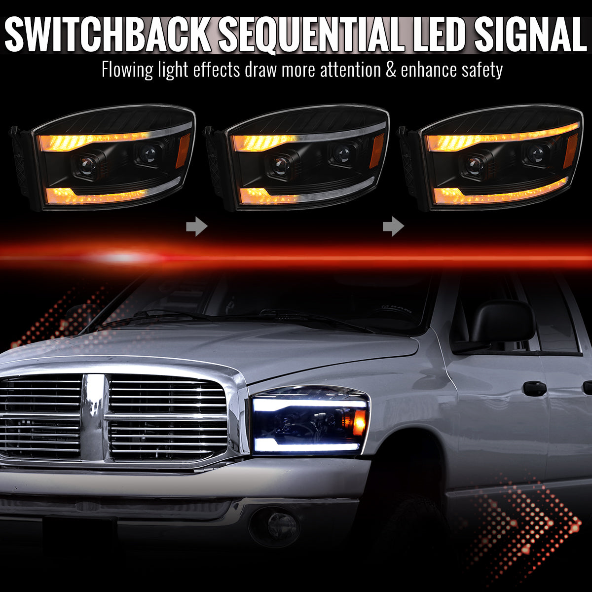2006â€“2008 Dodge RAM 1500 / 2006â€“2009 RAM 2500 3500 Projector Headlights with Switchback LED Strips, Sequential Turn Signals, DRL & Startup Animation (Black Housing / Clear Lens)