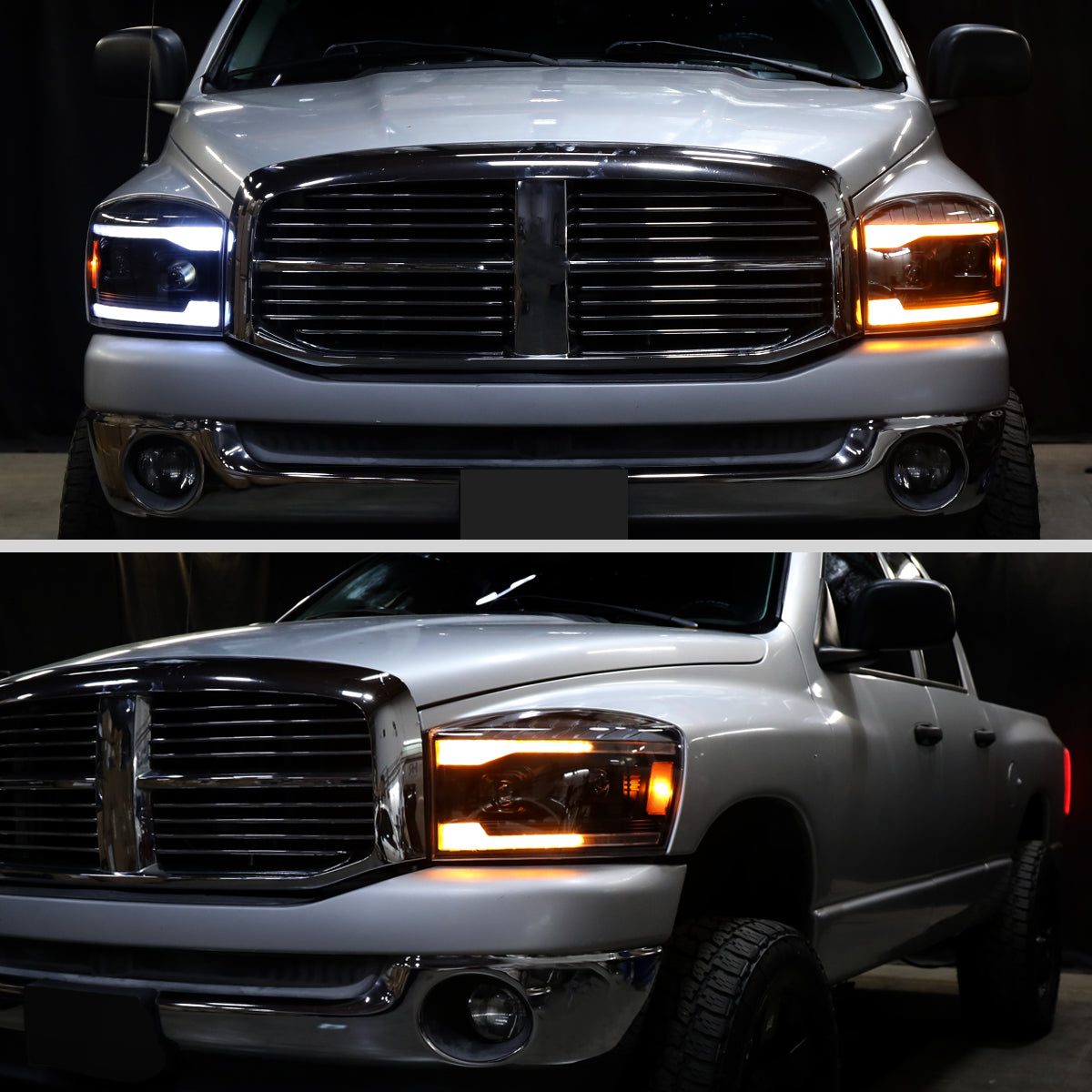 2006â€“2008 Dodge RAM 1500 / 2006â€“2009 RAM 2500 3500 Projector Headlights with Switchback LED Strips, Sequential Turn Signals, DRL & Startup Animation (Black Housing / Smoked Lens)