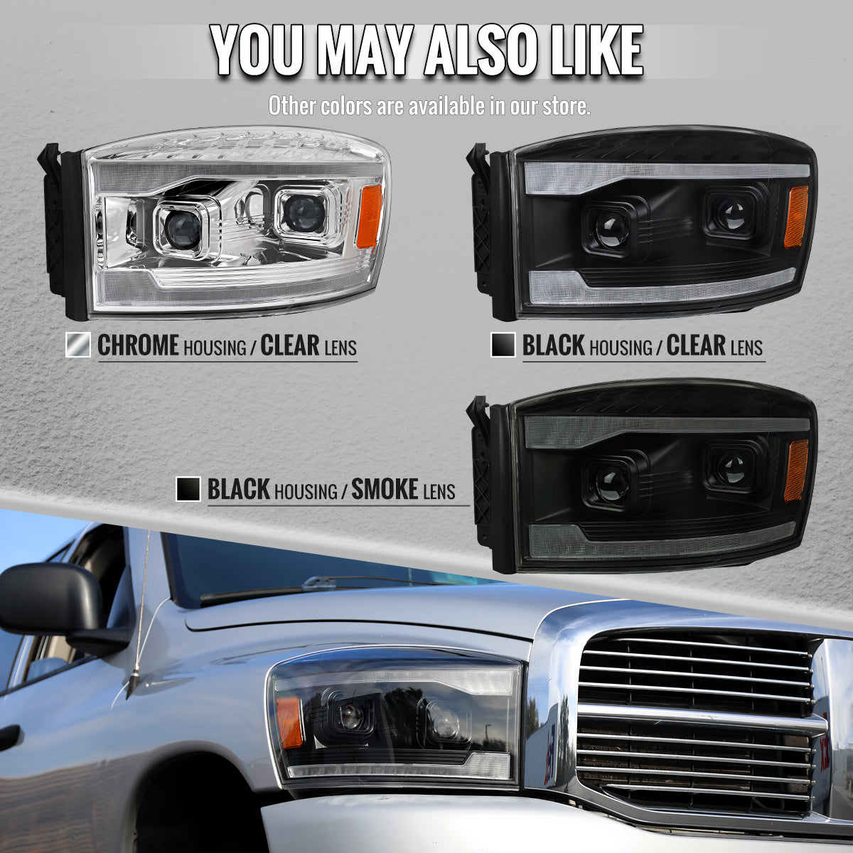2006â€“2008 Dodge RAM 1500 / 2006â€“2009 RAM 2500 3500 Projector Headlights with Switchback LED Strips, Sequential Turn Signals, DRL & Startup Animation (Black Housing / Smoked Lens)