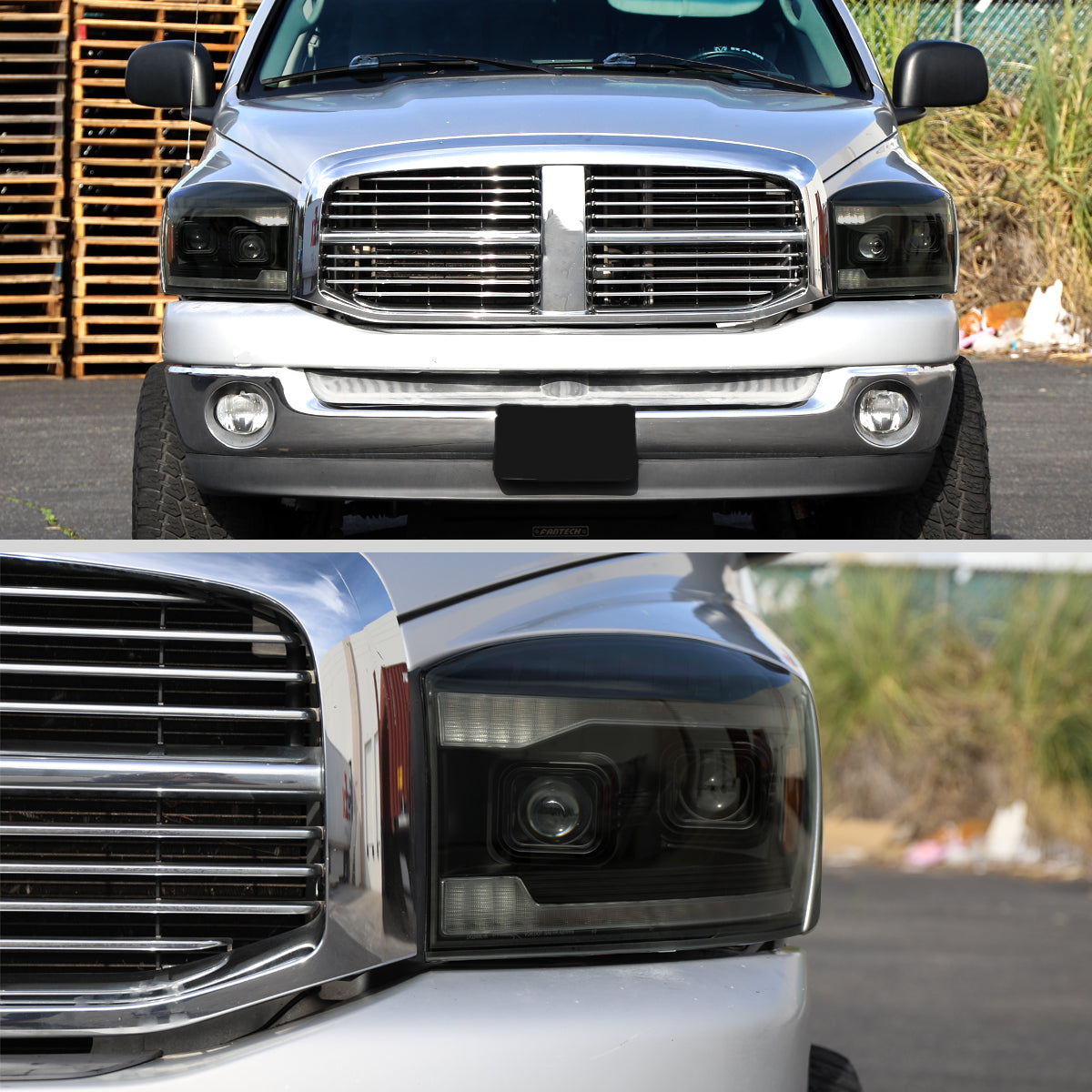 2006â€“2008 Dodge RAM 1500 / 2006â€“2009 RAM 2500 3500 Projector Headlights with Switchback LED Strips, Sequential Turn Signals, DRL & Startup Animation (Black Housing / Smoked Lens)