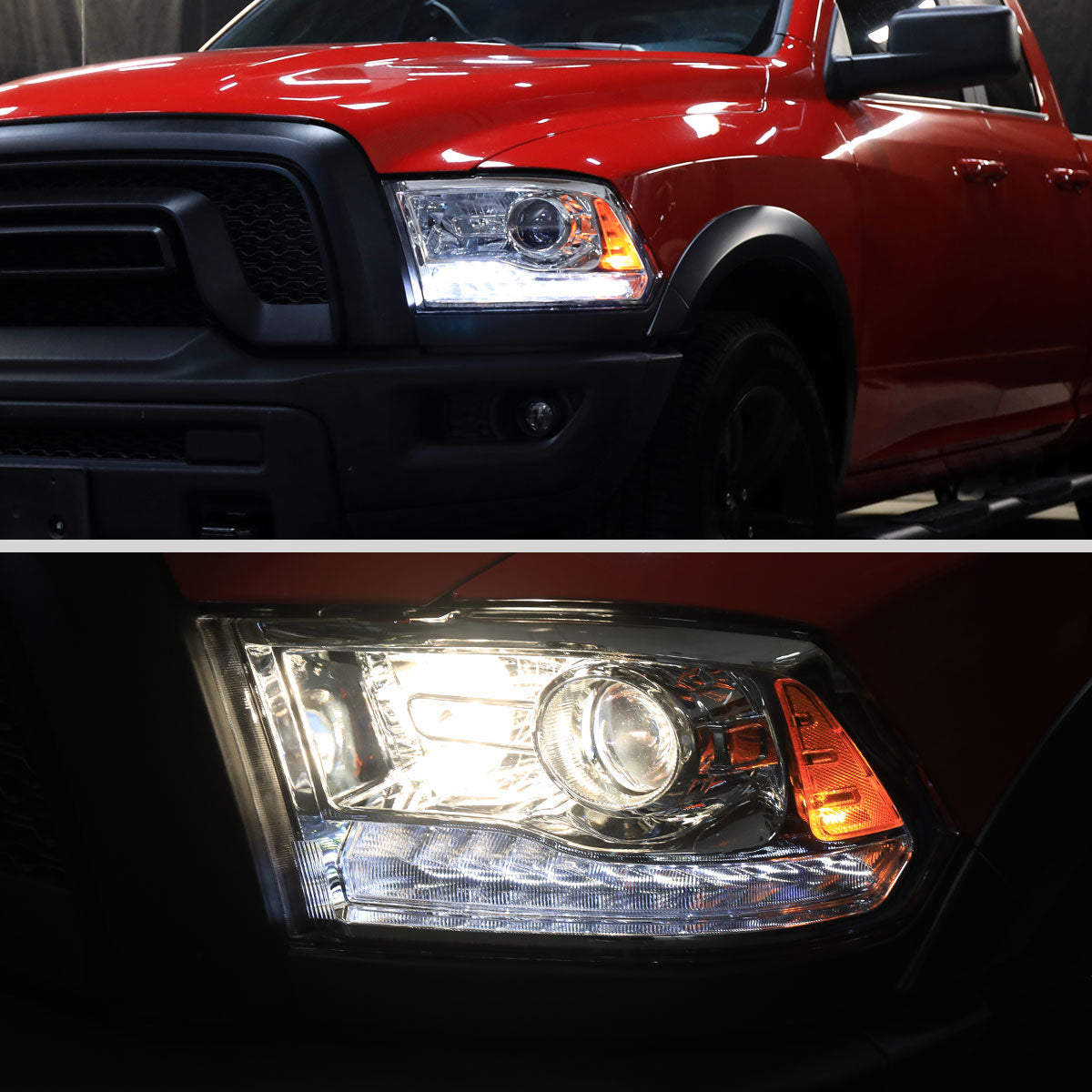 2013-2018 Ram 1500 2500 3500 Sequential LED Bar Signal Projector Headlights (Chrome Housing/Clear Lens)