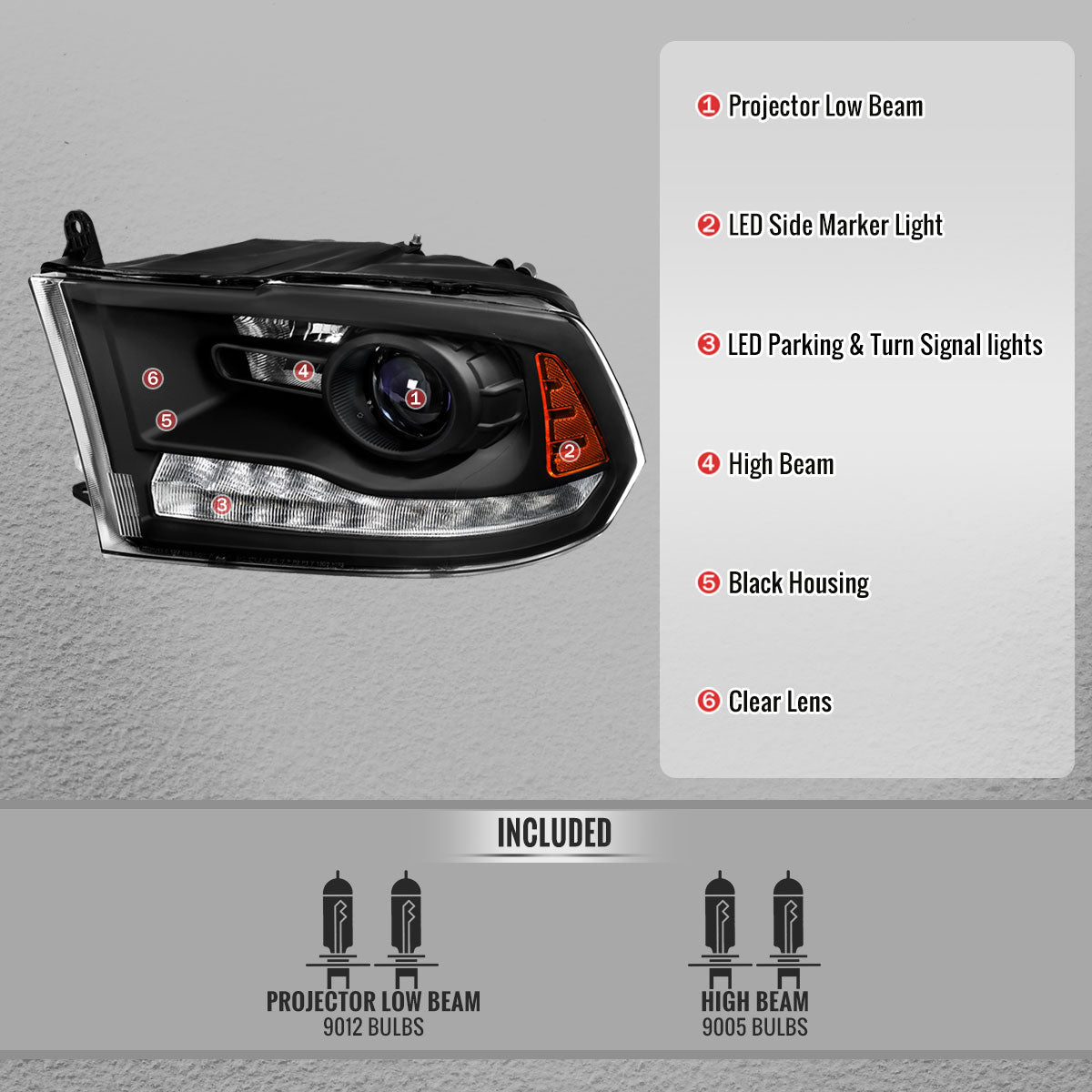 2013-2018 Ram 1500 2500 3500 LED Bar Projector Headlights (Matte Black Housing/Clear Lens)