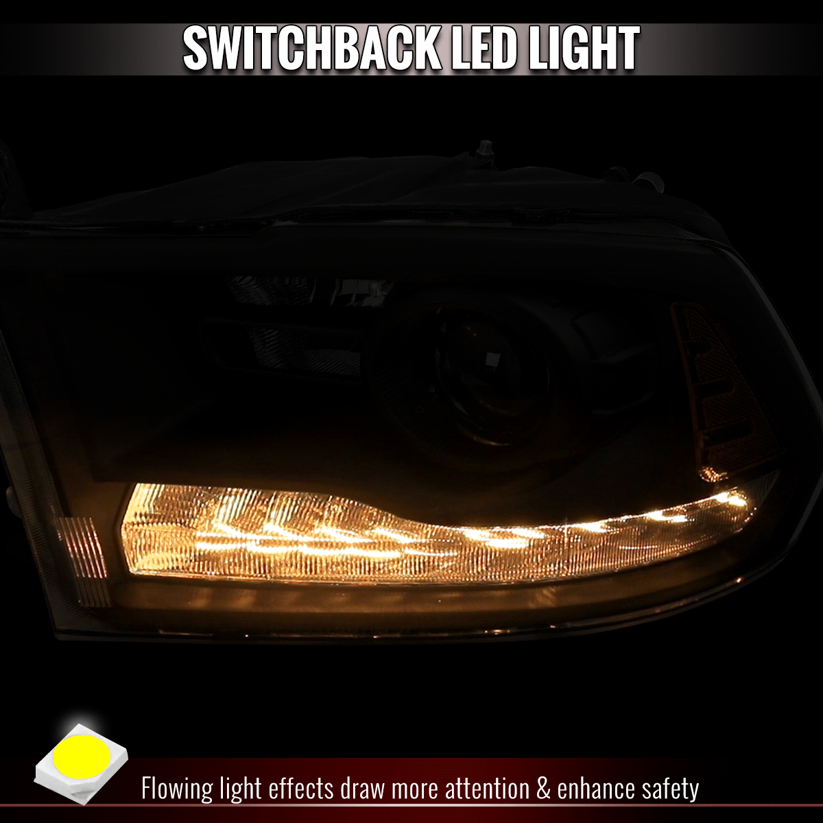 2013-2018 Ram 1500 2500 3500 Sequential LED Bar Signal Projector Headlights (Black Housing / Smoked Lens)