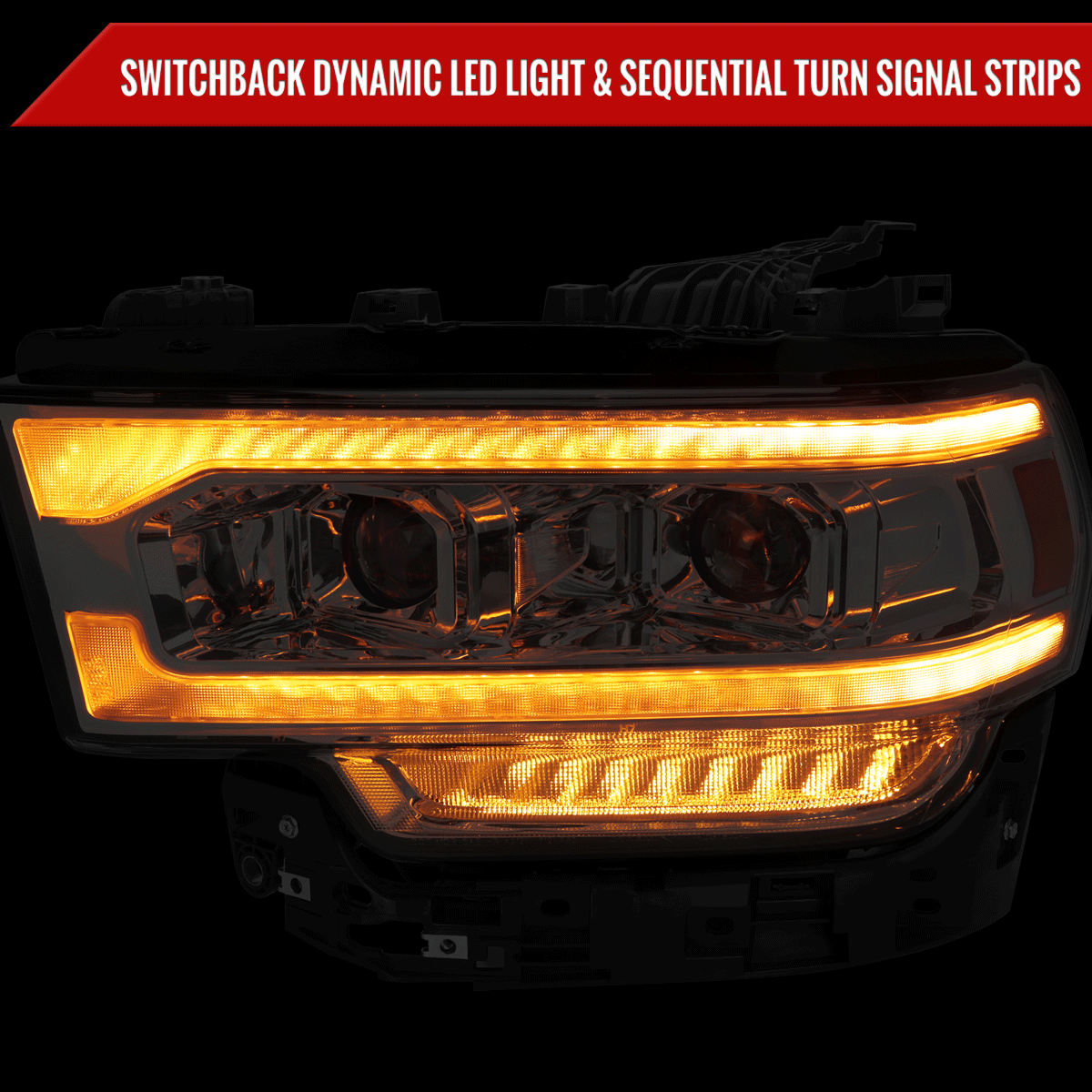 2019-2024 Dodge RAM 2500/3500/4500/5500 Switchback Sequential LED Turn Signal Projector Headlights (Jet Black Housing/Smoked Lens)
