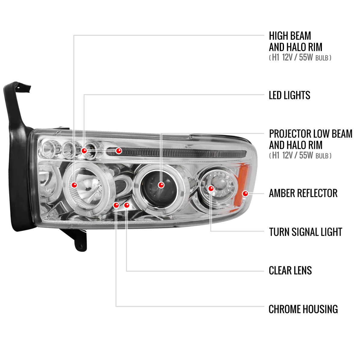 1994-2001 Dodge RAM 1500 2500 3500 Dual Halo Projector Headlights (Chrome Housing/Clear Lens)