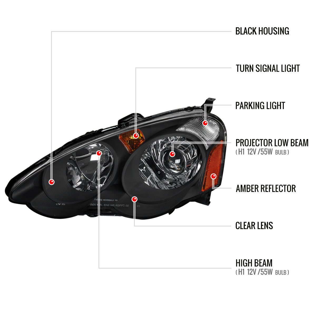 2002-2004 Acura RSX Retro Style Projector Headlights w/ Amber Reflectors (Matte Black Housing/Clear Lens)