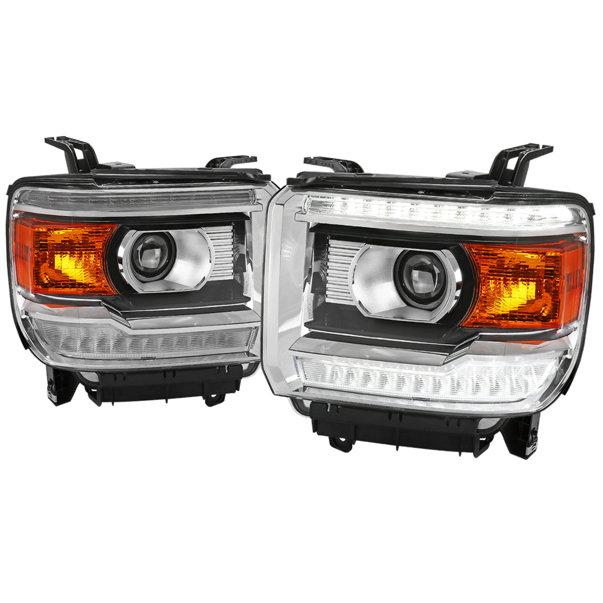 2014-2019 GMC Sierra LED Light Strip Projector Headlights (Chrome Housing/Clear Lens)