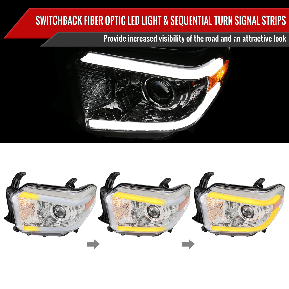 2014-2021 Toyota Tundra LED Switchback Sequential Turn Signal LED Bar Projector Headlights (Chrome Housing/Clear Lens)