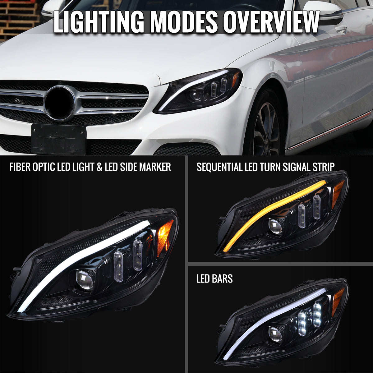 2015-2018 Mercedes-Benz C-Class W205 Switchback Sequential Turn Signal Projector Headlights (Jet Black Housing/Clear Lens)