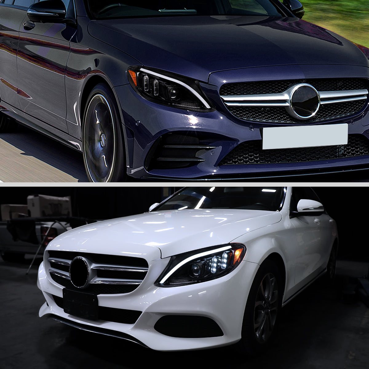 2015-2018 Mercedes-Benz C-Class W205 Switchback Sequential Turn Signal Projector Headlights (Jet Black Housing/Clear Lens)
