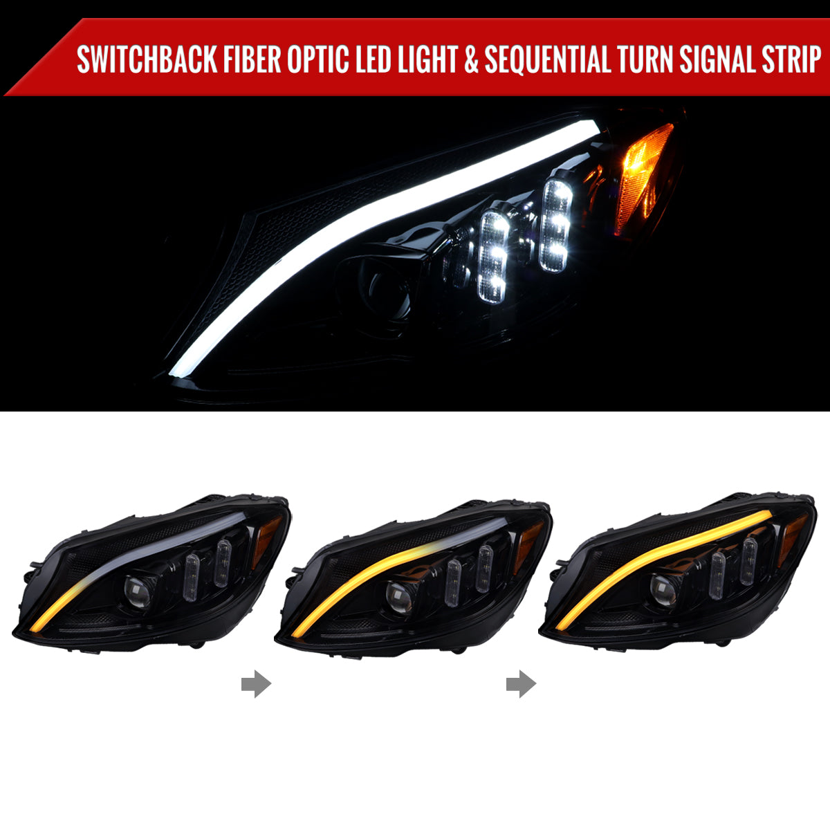 2015-2018 Mercedes-Benz C-Class W205 Switchback Sequential Turn Signal Projector Headlights (Glossy Black Housing/Light Smoked Lens)