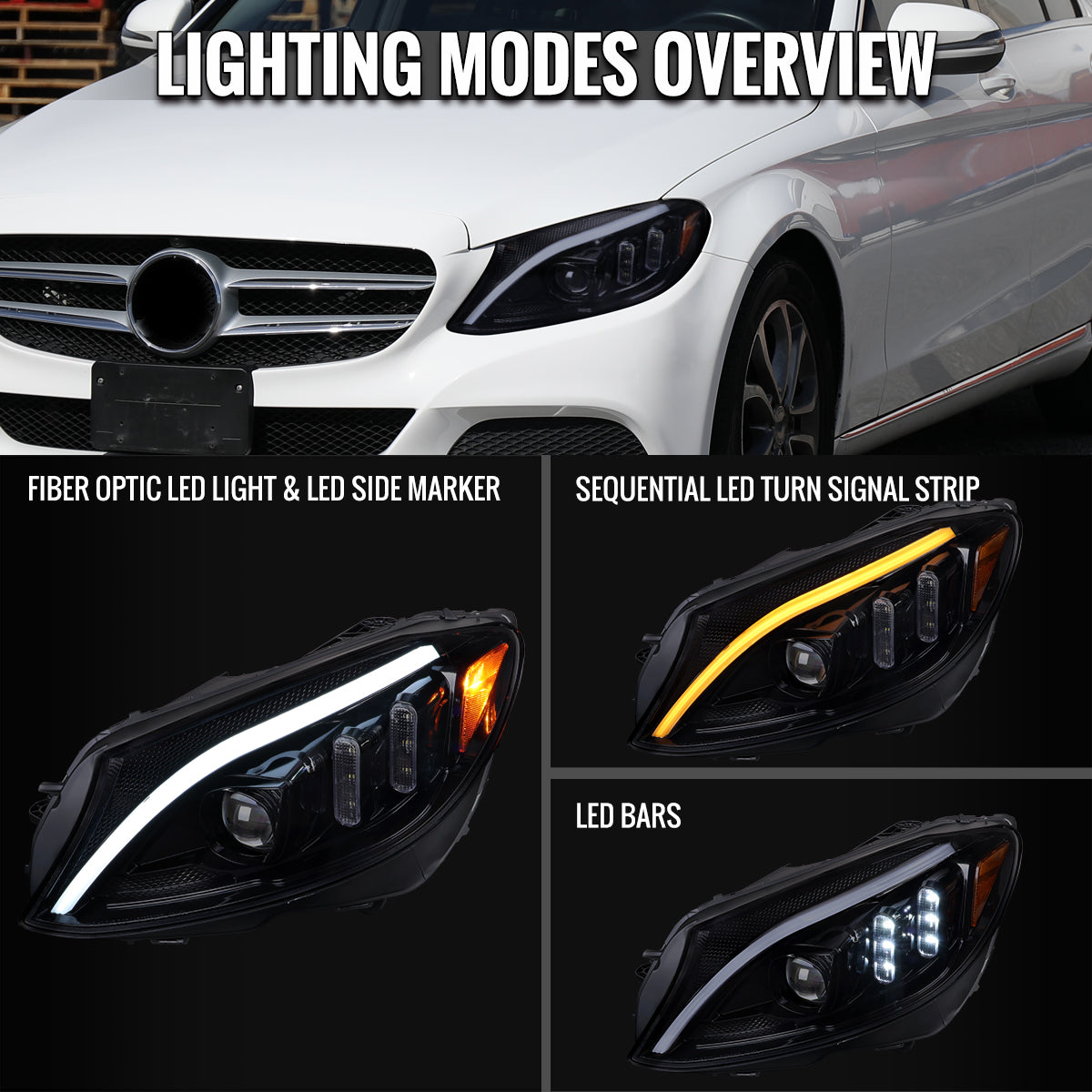 2015-2018 Mercedes-Benz C-Class W205 Switchback Sequential Turn Signal Projector Headlights (Glossy Black Housing/Light Smoked Lens)