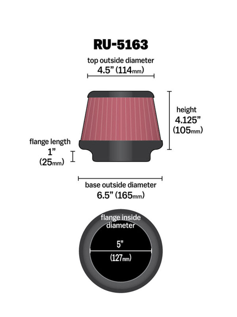 K&N Universal Rubber Filter 5in Flange ID x 6.5in Base OD x 4.5in Top OD x 4.125in Height-SR1 Performance