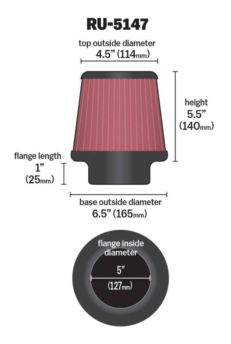 K&N Filter Universal Rubber Filter 5in Flange 6.5in Base 4.5in Top 5.5in Height-SR1 Performance