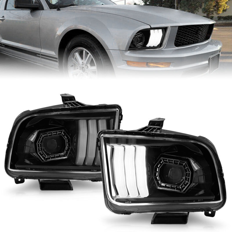 ANZO 05-09 Ford Mustang (w/Factory Halogen HL Only) Projector Headlights w/Light Bar Black Housing