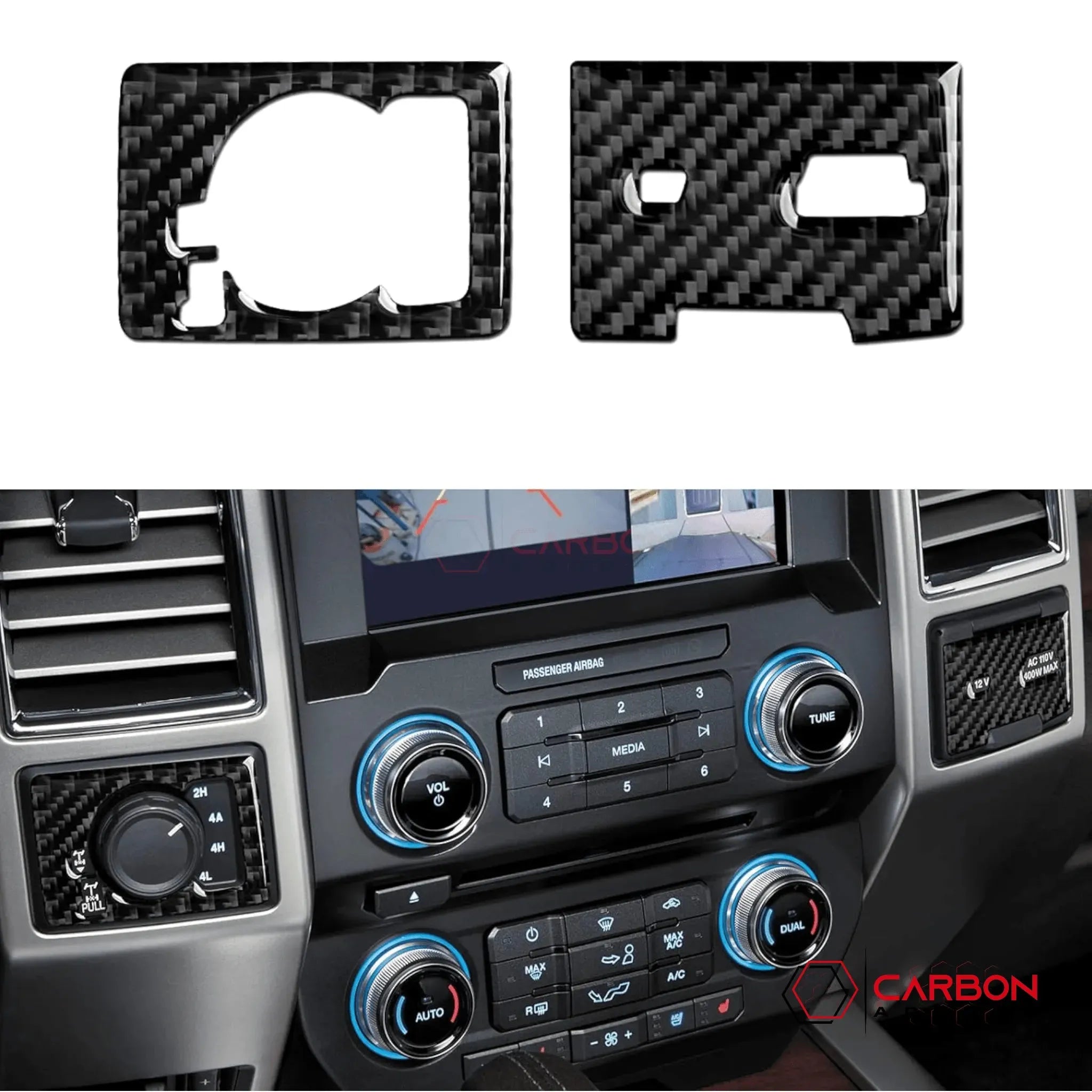 [2pcs] Real Carbon Dash Center AC Vent Control Trim Overlay | 2015-2020 Ford F150 - carbonaddons Carbon Fiber Parts, Accessories, Upgrades, Mods